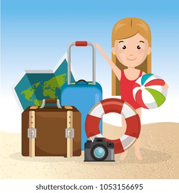 little girl in the beach with elements