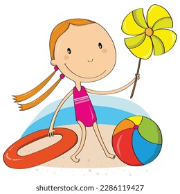 Little girl in the beach with inflatable ring, pinwheel and ball. Summer vacation.