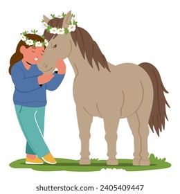 Niña Pequeña con sonrisa llamativa y flor vistió a tiernos cuidadores por su caballo en el campo de verano. Carácter Infantil Formando Una Encantadora Escena De Acompañamiento Y Alegría. Ilustración de vectores de personas de caricatura