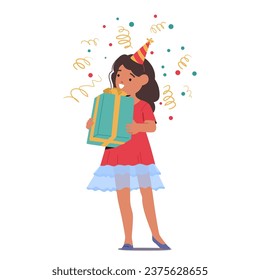 Little Girl Beams With Joy, Clutching A Gift Box At Her Birthday Party, Eagerly Anticipating The Surprise Inside With Love And Excitement, Creating A Memorable Celebration. Cartoon Vector Illustration