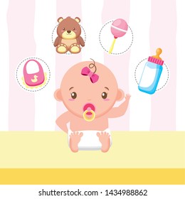 little girl bear bottle rattle bib baby shower card vector illustration
