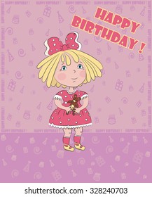 little girl with with bear celebrates birthday,postcard