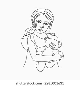 Little Girl and Bear plush toy line art drawing isolated white background  A cute stuffed teddy bear is the mascot and little girl  A little teddy bear in girl hands Vector illustration