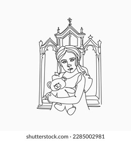 Little Girl and Bear plush toy near confession room line art drawing isolated white background Teddy bear is the mascot and little girl  A little teddy bear in girl hands Vector illustration
