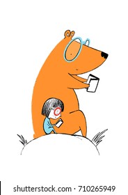 Little girl and a bear reading books, vector illustration