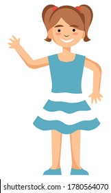 Little girl in beautiful blue summer dress waving hi over white background.