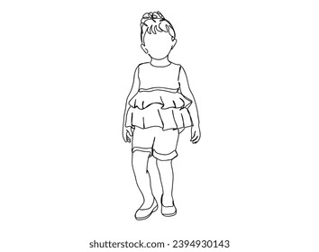 Little Girl with Beautiful dree Line art Drawing