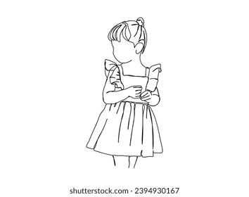 Little Girl with Beautiful dree Line art Drawing