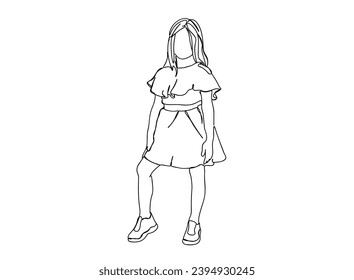 Little Girl with Beautiful dree Line art Drawing