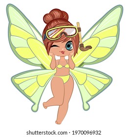 Little girl in a beautiful dress with butterfly wings. Flirts. Beautiful fashionable fairy child. The isolated object on a white background. Vector illustration