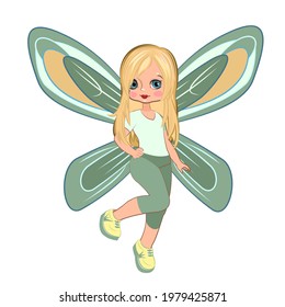 Little girl in a beautiful dress with butterfly wings. Flirts. Beautiful fashionable fairy child. The isolated object on a white background. Vector illustration