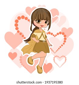 Little girl in a beautiful dress. Flirts. Handsome fashionable child. The isolated object on a white background. Vector illustration