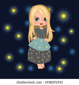 Little girl in a beautiful dress. Flirts. Handsome fashionable child. Vector illustration