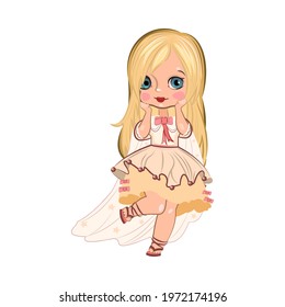 Little girl in a beautiful dress flirts. Handsome fashionable child. Isolated object on a white background. Vector illustration