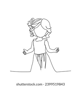 Little girl in a beautiful dress , one line drawing vector illustration.