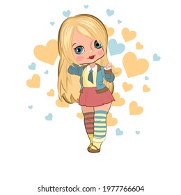 Little girl in a beautiful skirt. Nice, funny flirt. Handsome fashionable child. The isolated object on a white background. Vector illustration
