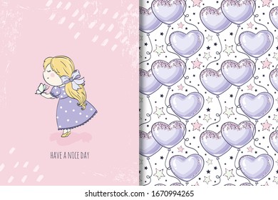 Little girl in beautiful violet long dress with blossom in hairs and butterfly in the hand. Kids card template and seamless background pattern with balloons among the stars. Hand drawn design.