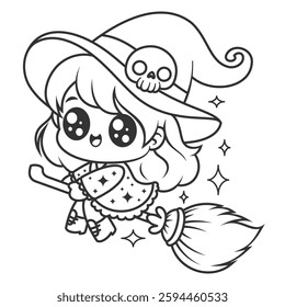 Little girl becomes a cute witch, for coloring