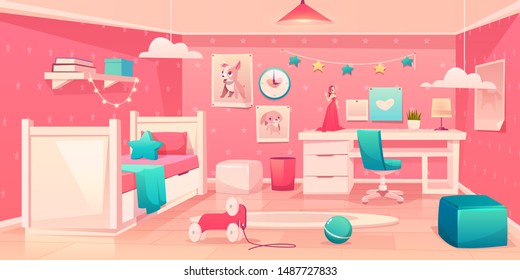 Little girl bedroom cozy interior in pink, turquoise colors with single bed, soft ottoman, animal pictures on wall, comfortable chair near desk, toys and carpet on floor cartoon vector illustration