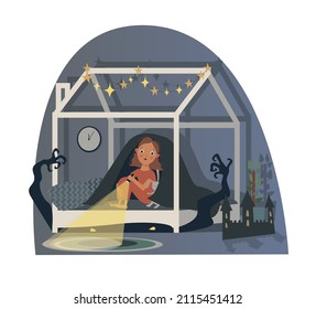 A little girl in the bedroom at night, sits on the bed under the covers and shines on a flashlight, afraid of a fictional monster under the bed. Cartoon illustration, vector. Childhood fears.