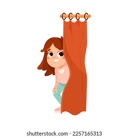 Little Girl Behind Curtains Playing Hide and Seek Game and Having Fun Vector Illustration