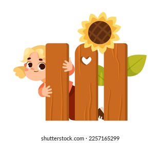 Little Girl Behind Wooden Fence Playing Hide and Seek Game and Having Fun Vector Illustration