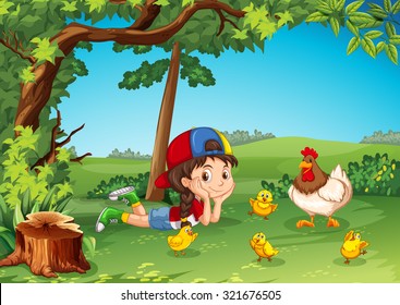 Little girl being with chickens illustration