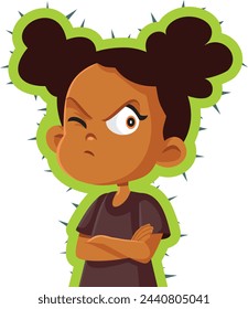 
Niña que se irrita se siente como un cactus vector de dibujos animados. Niño antisocial que tiene resentimiento y rabia
