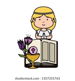 little girl with bible and flowers first communion