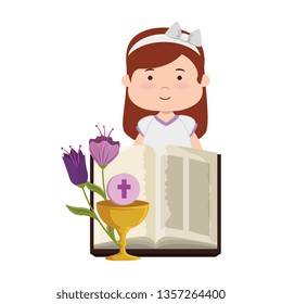 little girl with bible and flowers first communion