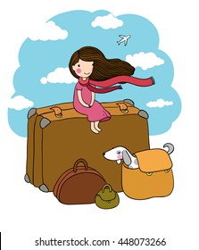Little girl and big bags. The dog and the plane. Traveler. Hand drawing isolated objects on white background. Vector illustration. 