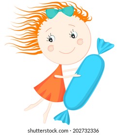 A little girl with a big candy in a blue wrapper on the white background