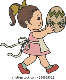 Little girl with big Easter egg, isolated on white. Retro illustration