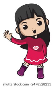 little girl with big eyes in a red dress