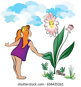 Little girl and big flower, delicate and mysterious, the friendship of man and nature, vector graphics.