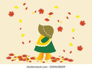 little girl in big hat and yellow apron in autumn with lots of fallen leaves