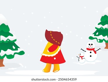 little girl in big hat and yellow apron in winter with some snowman and fir tree