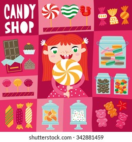 Little girl with a big lollipop. Set of various candies and sweets. Vector illustration in childish style.