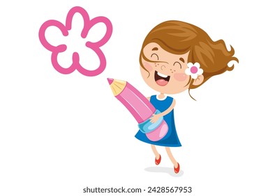 little girl with a big pencil draws a flower