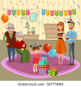 Little girl birthday family celebration and parents grandparents   simple home decorations cartoon old style vector illustration 