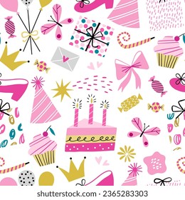 Little girl birthday party seamless pattern. Princess pink decoration texture