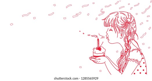 little girl birthday. side view. Hand drawing style. Isolated on a white background vector illustration.