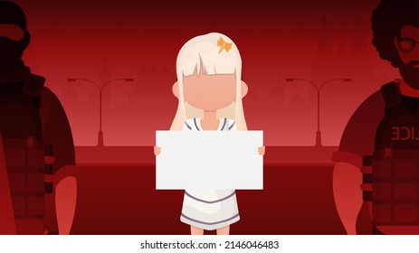 Little Girl with a blank banner for your text. Design in cartoon style. Vector.