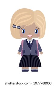 little girl, with blond hair and a square in school uniform, smiles with a school backpack (first-grader).in cartoon style