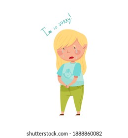 Little Girl with Blonde Hair Crying Feeling Sorry and Expressing Regret for Bad Thing Vector Illustration