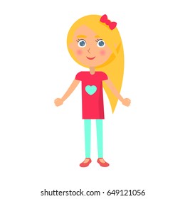 Little girl with blonde hair and red bow isolated on white. Poster dedicated to international holiday, national universal childrens day