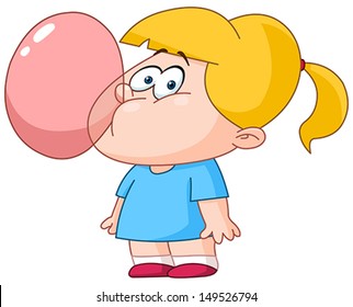 Little Girl Blowing Bubble From Gum