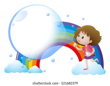 Little girl blowing bubbles with rainbow background illustration