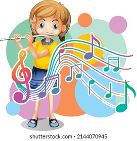 A little girl blowing flute with music notes on white background illustration