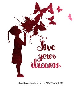 Little girl blowing out butterflies. Watercolor vector illustration isolated on white background